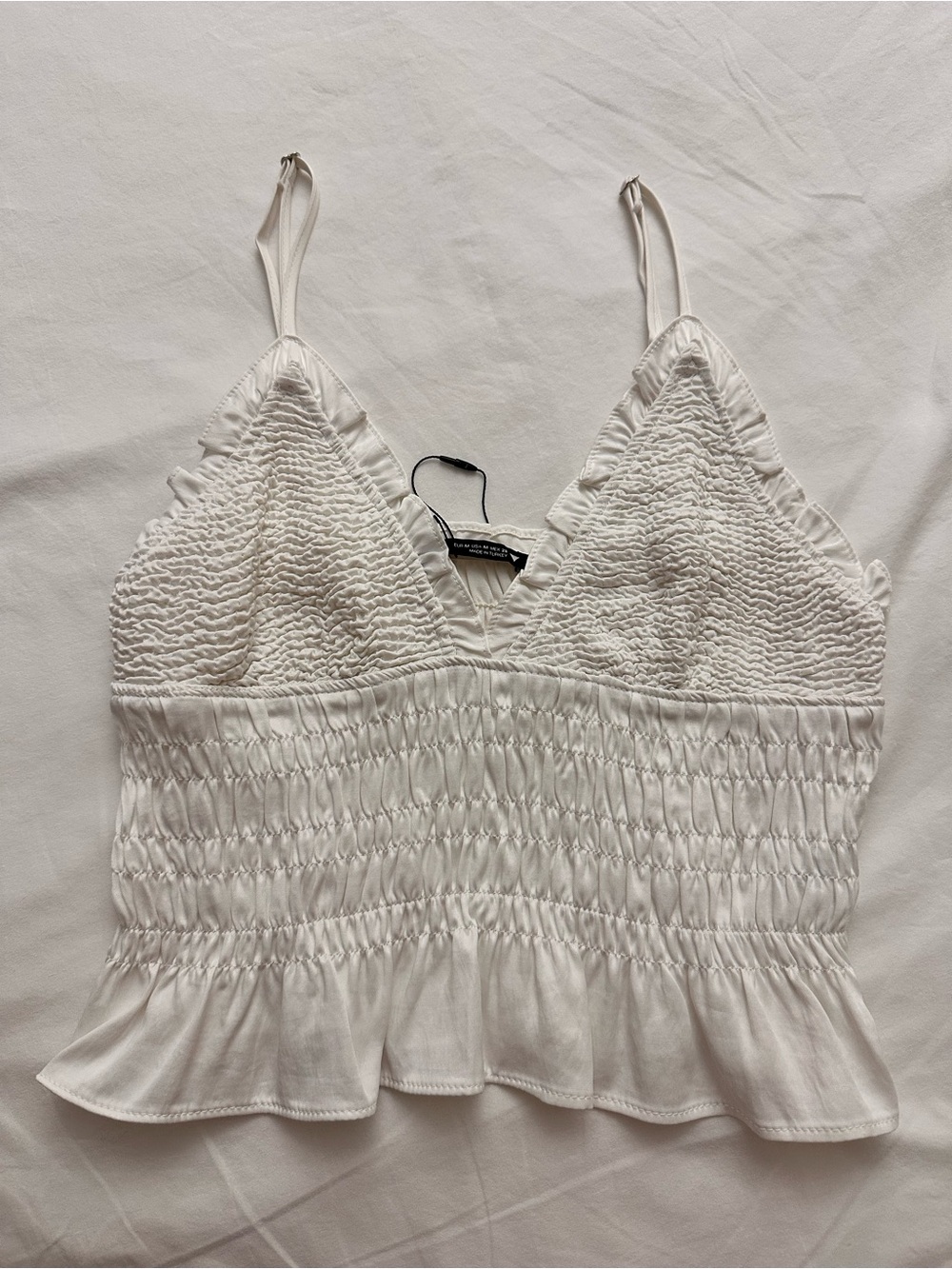 Zara White Smocked V-Neck Cami Top with Ruffle Hem